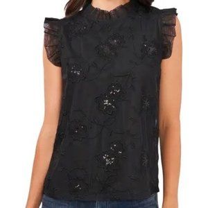 Vince Camuto Black Sequin Floral Ruffle Sleeve Top (sz S)